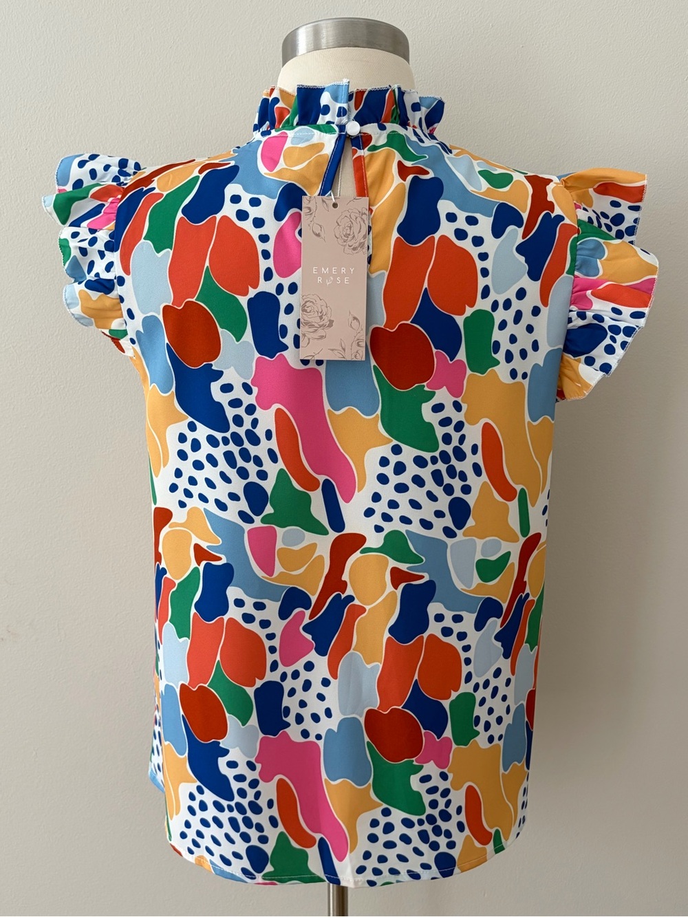 NWT Emery Rose Multicolor Abstract Print Ruffle Sleeve Top S Artsy Coquette - Picture 6 of 10